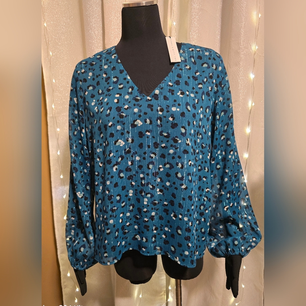 Three Eighty Two Teal Leopard Print Blouse